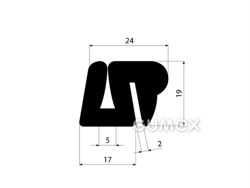 Pryžový profil do oken dopravních prostředků bez klínku, 19x27/5/2mm, 60°ShA, EPDM, -40°C/+100°C, černý